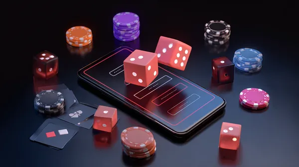 A woman smiling while playing online games on her laptop, surrounded by neon casino elements, showcasing SPINARA’s diverse game collection.