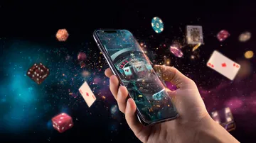 A woman smiling by bright slot machines showing lucky symbols, showcasing the exciting slot offerings at SPINARA.